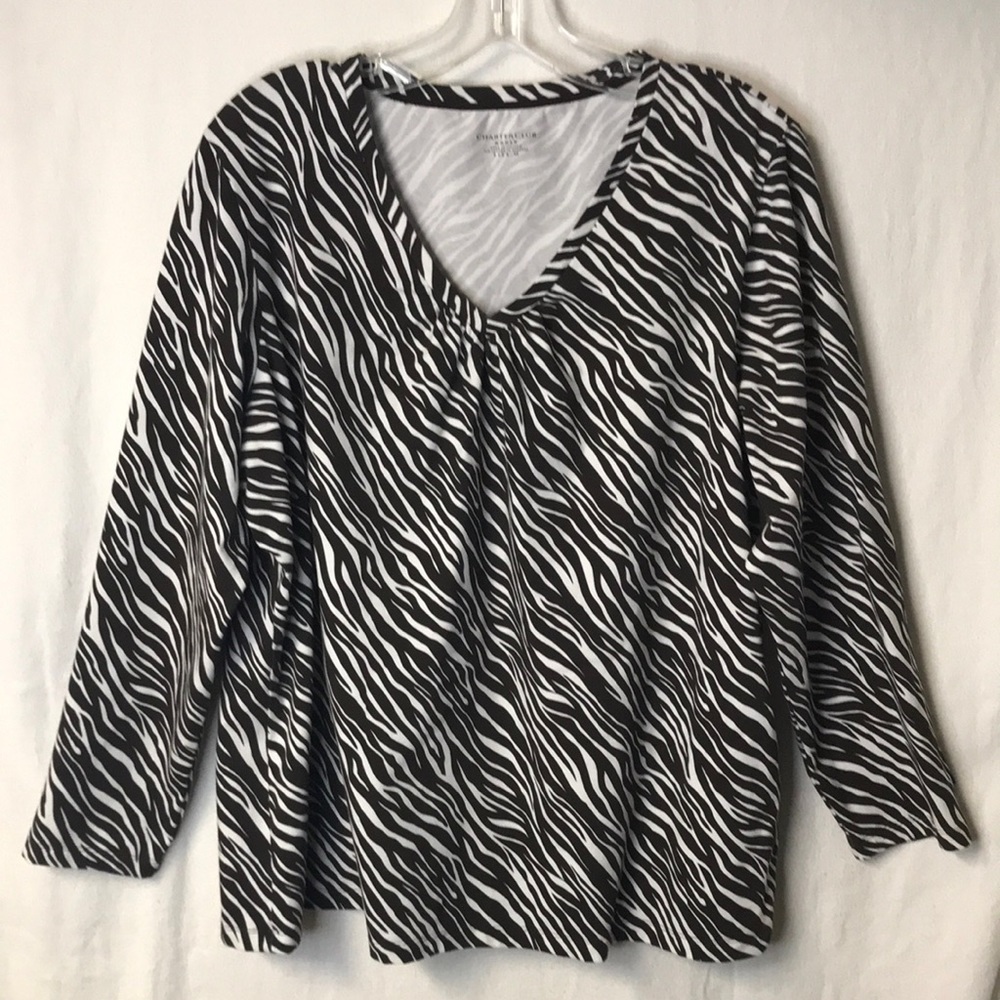 CHARTER Club Woman Plus Size 1X Brown White Animal Print Gathers At V Neck